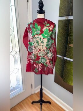 Vintage 40’s DeeLee All Silk Hand Rolled Vibrant Floral Deep Red Scarf!